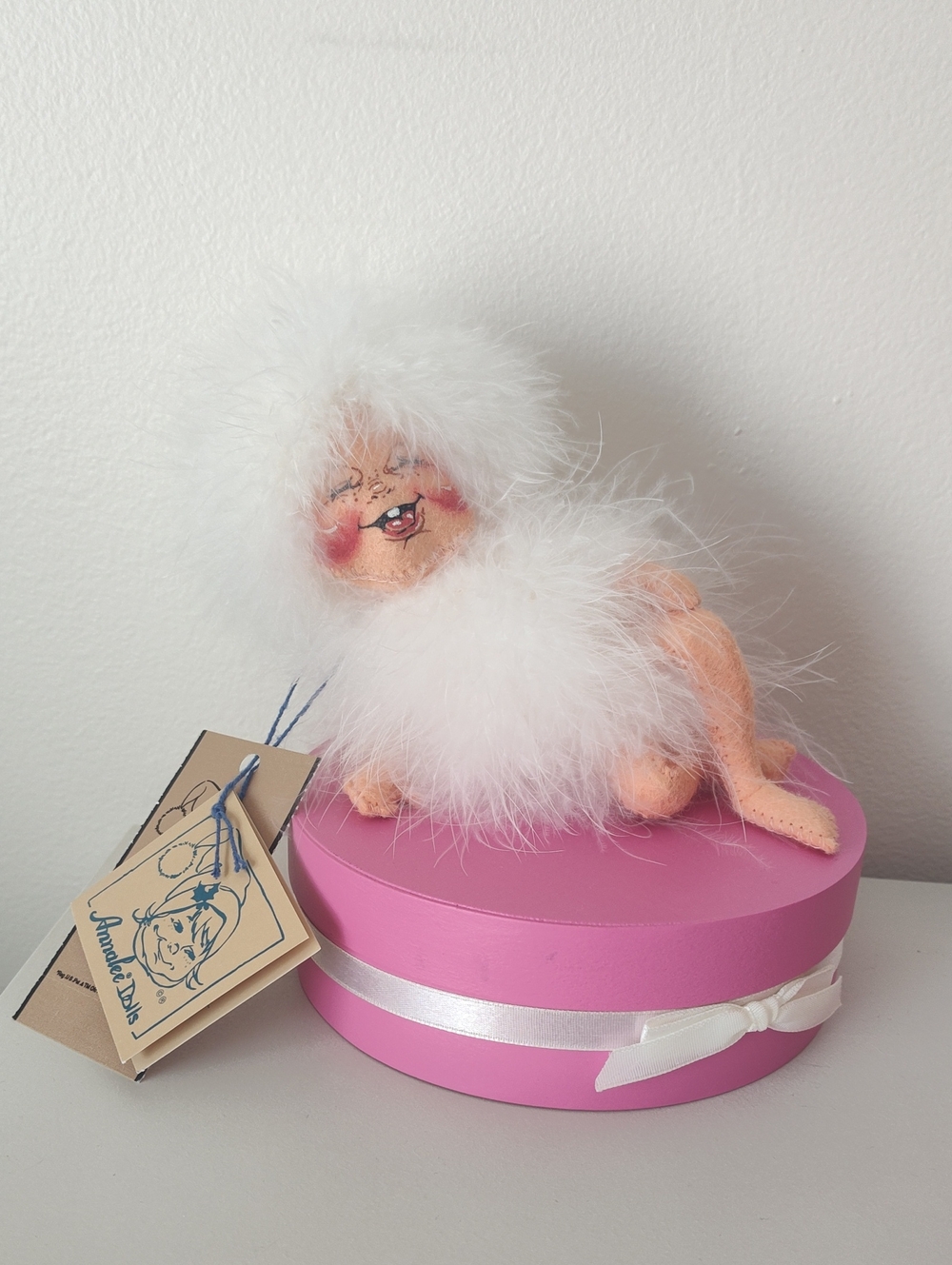 Vintage Annalee Doll White Feather Puff on Pink Box